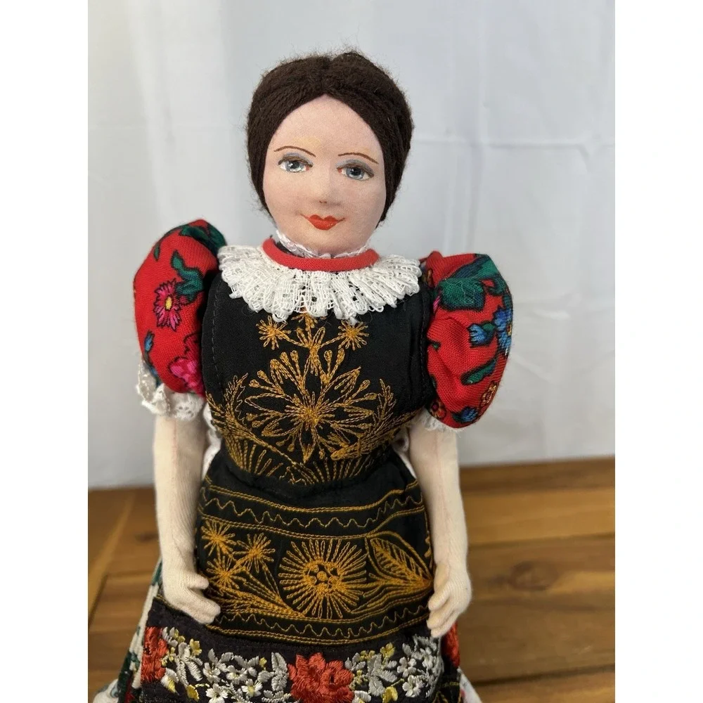 Vintage Hungarian Folk Art Doll Handmade in Traditional Dress on Kaiser Stand